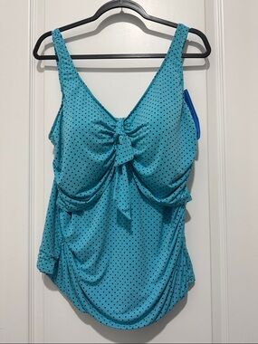 Catalina Aqua Blue Polka Dot Tankini Top and black bottoms - NWT 2x